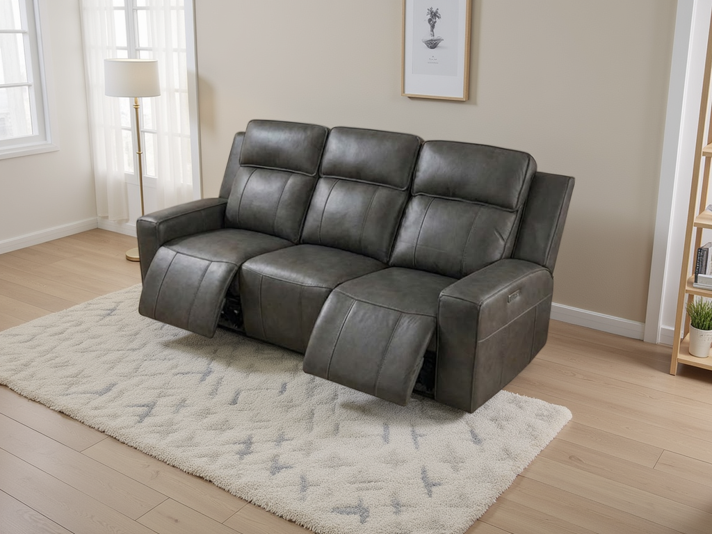 CALVIRO Leather 3 Seater Electric Recliner Sofa - Grey - Sofa So Good