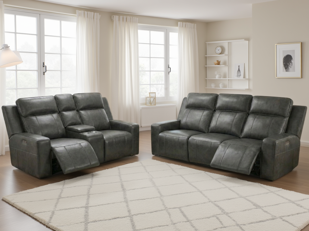 CALVIRO Leather 3 and 2 Seater Electric Recliner Sofa Set - Grey - Sofa So Good