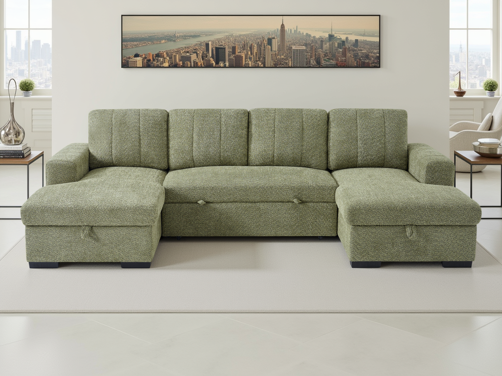 FENTARO Fabric 4 Seater U Shaped Corner Sofa Bed - Green - Sofa So Good