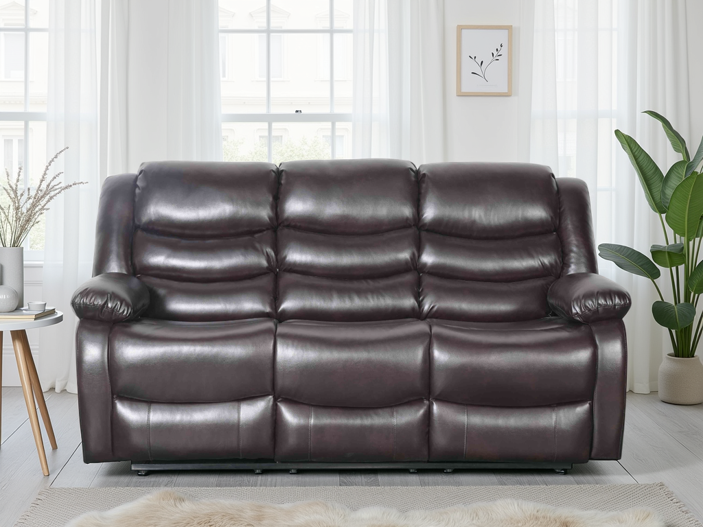 ASHBYNE Faux Leather 3 Seater Manual Recliner Sofa - Brown - Sofa So Good