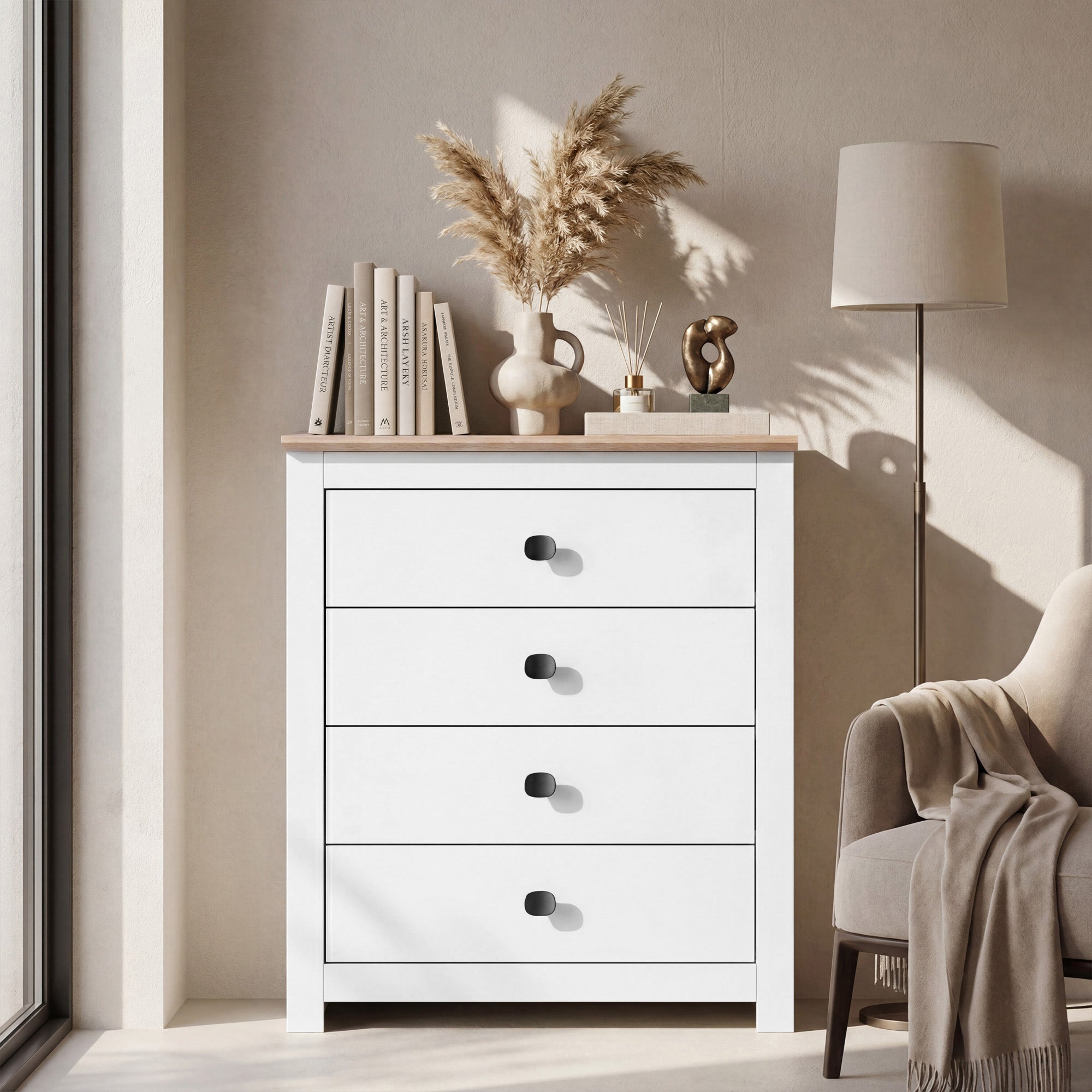 MILANA White Chest of Drawers - Medium-sized, 4 Drawers - Avellino & Wells