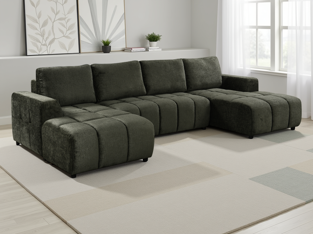 NORVENA Fabric 4 Seater U Shaped Corner Sofa Bed - Green - Sofa So Good