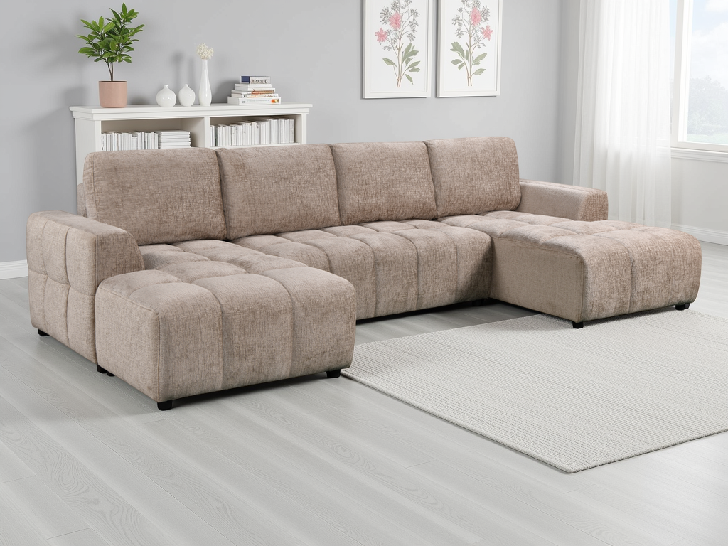 NORVENA Fabric 4 Seater U Shaped Corner Sofa Bed - Beige - Sofa So Good