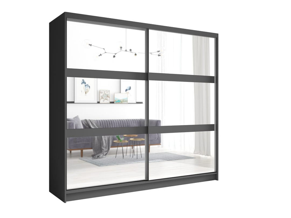 Sliding Wardrobe - FINORIA 2 Door Mirrored Wardrobe Graphite 230cm - Art Nest