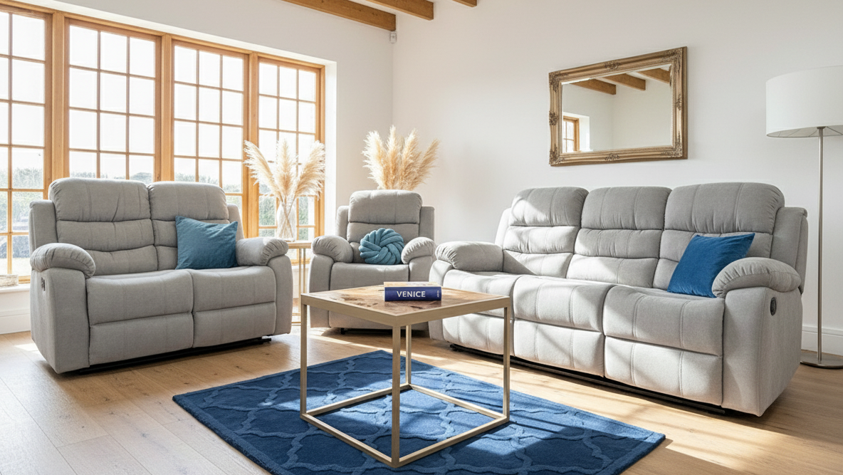 FAVARO Fabric 3 and 2 Seater with Armchair Manual Recliner Sofa Set - Grey - Sofa So Good