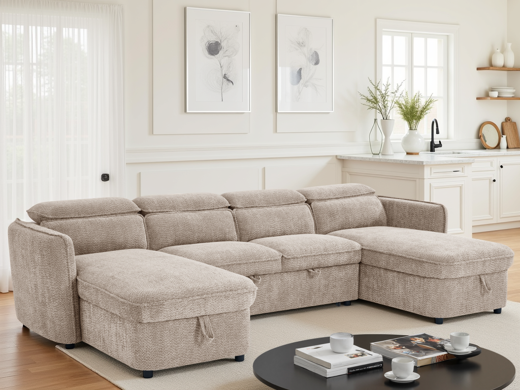 ELVAREN Fabric 4 Seater U Shaped Corner Sofa Bed - Beige - Sofa So Good