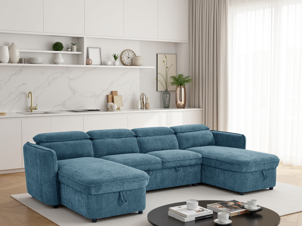 ELVAREN Fabric 4 Seater U Shaped Corner Sofa Bed - Blue - Sofa So Good