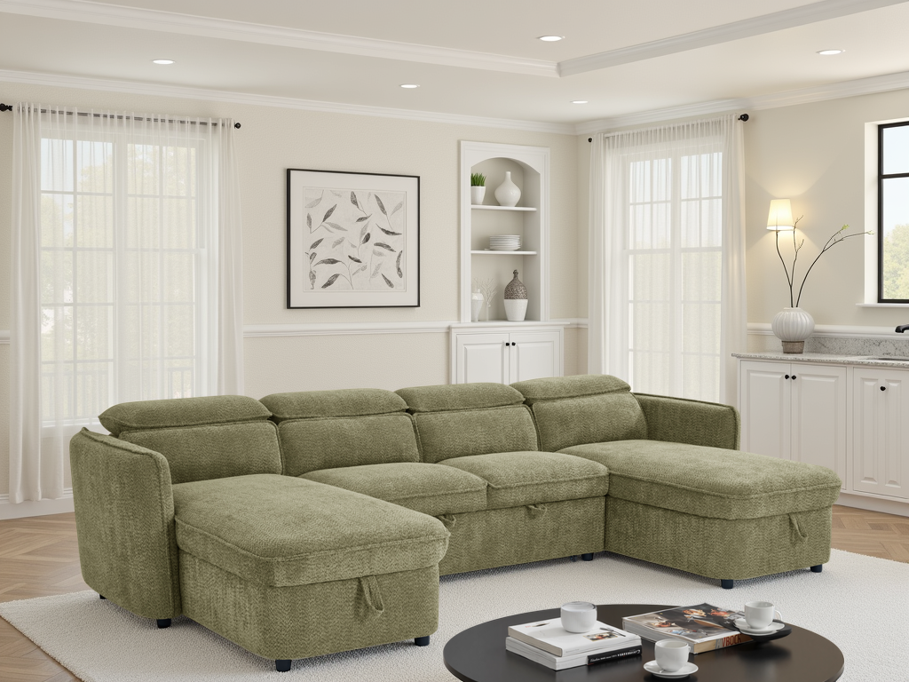 ELVAREN Fabric 4 Seater U Shaped Corner Sofa Bed - Green - Sofa So Good