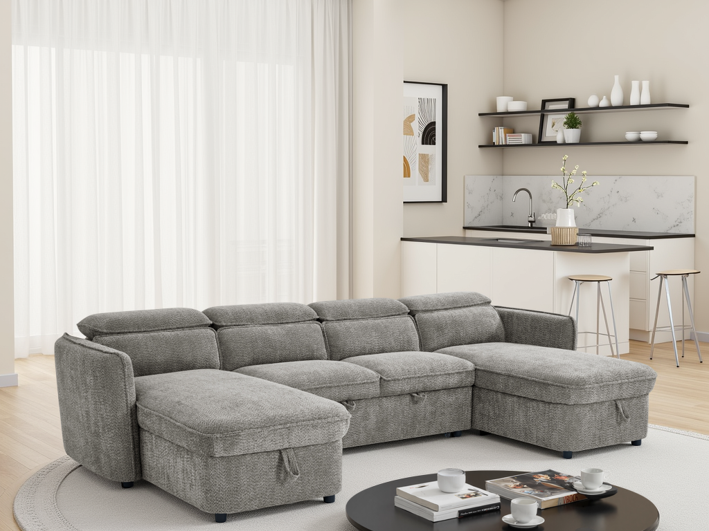 ELVAREN Fabric 4 Seater U Shaped Corner Sofa Bed - Grey - Sofa So Good