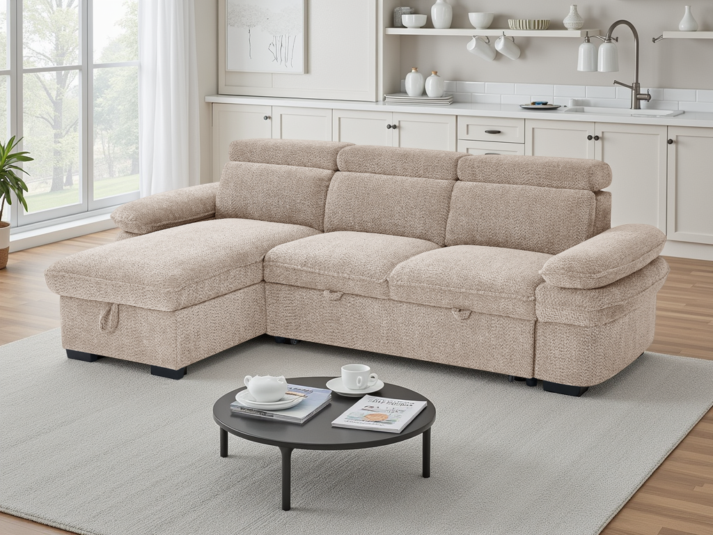 CAVENTO Fabric 3 Seater L Shaped Corner Sofa Bed - Beige, Universal Facing - Sofa So Good