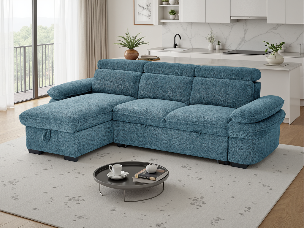 CAVENTO Fabric 3 Seater L Shaped Corner Sofa Bed - Blue, Universal Facing - Sofa So Good