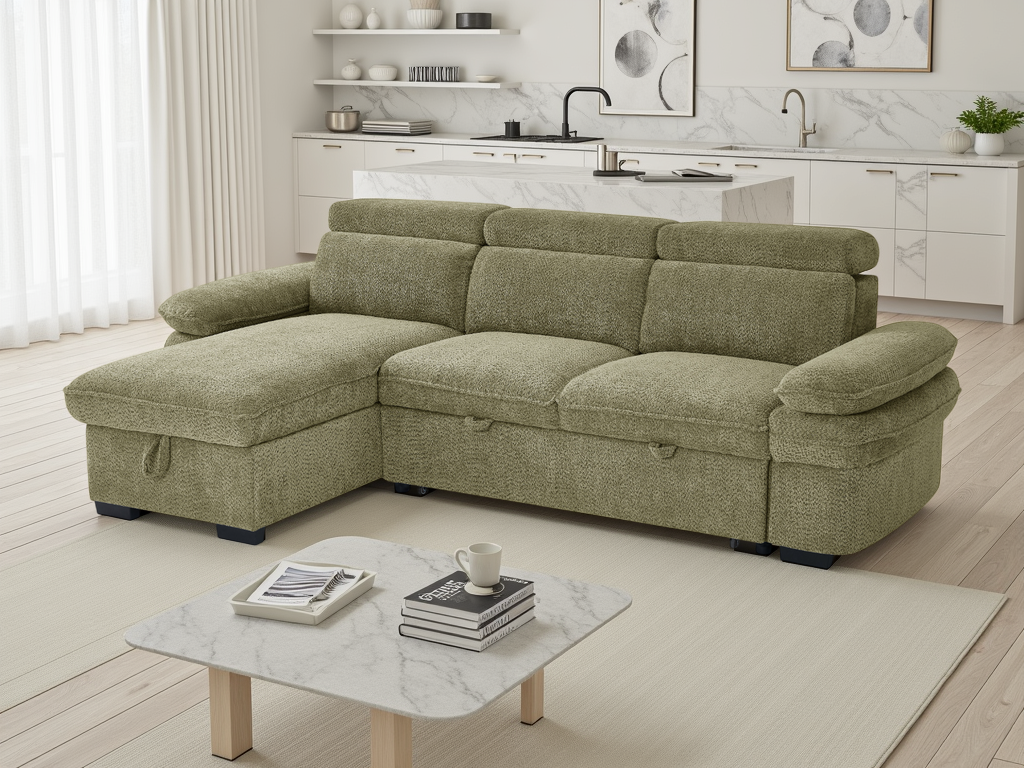 CAVENTO Fabric 3 Seater L Shaped Corner Sofa Bed - Green, Universal Facing - Sofa So Good
