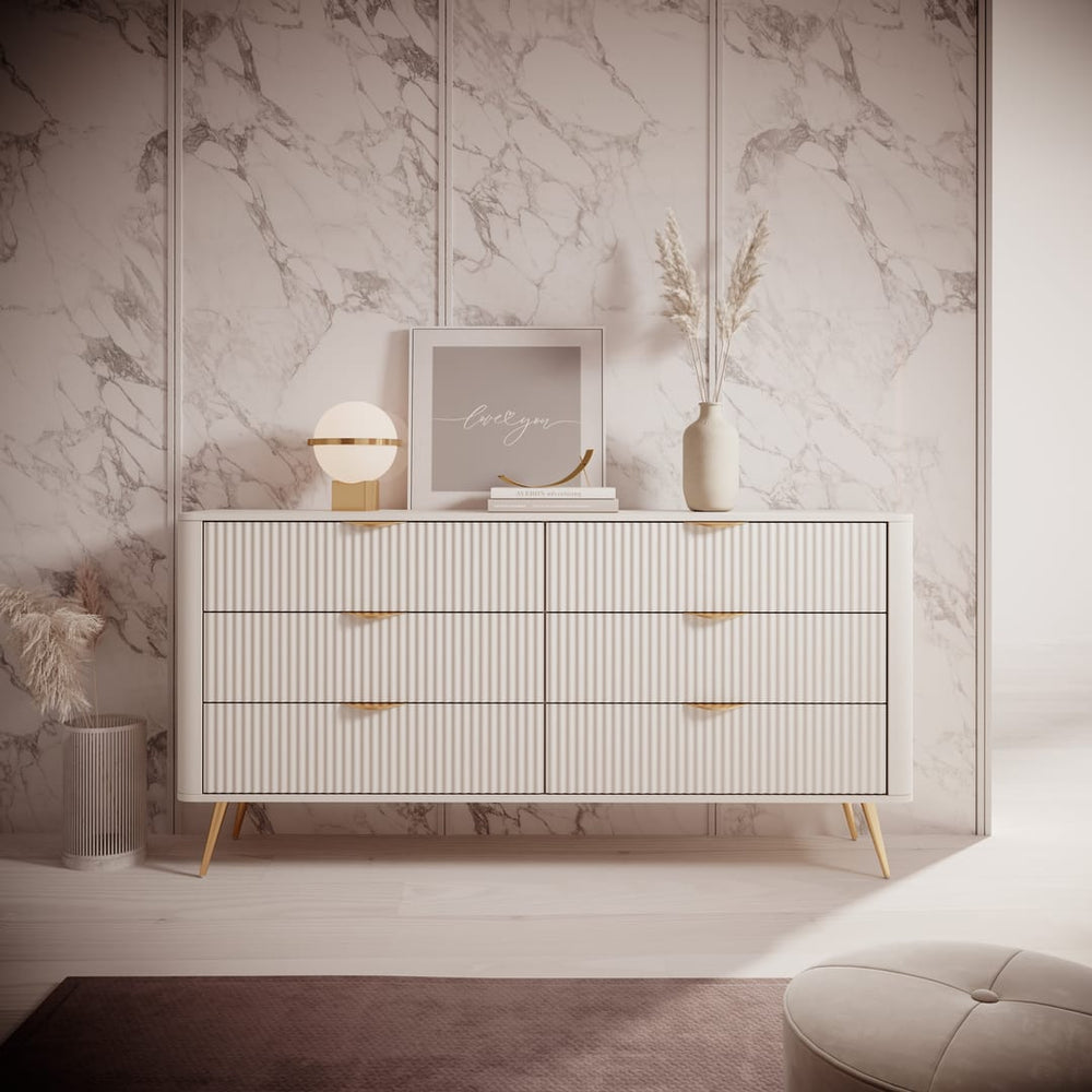 LANTURA Beige Chest of Drawers - Extra Large-sized, 6 Drawers, Double - Art Nest