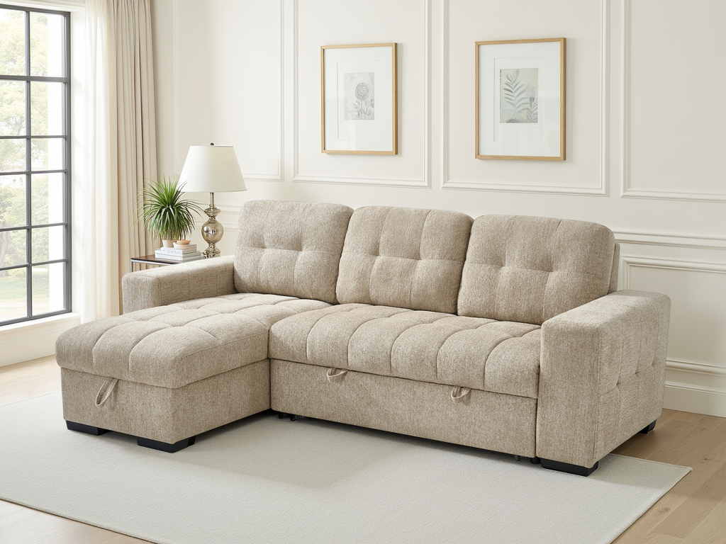 DONATELLO Fabric 3 Seater L Shaped Corner Sofabed - Beige, Reversible Facing - Sofa So Good