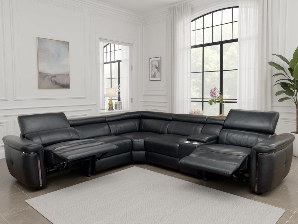 BREVELLO Leather 5 Seater L Shaped Electric Recliner Corner Sofa - Black - Sofa So Good