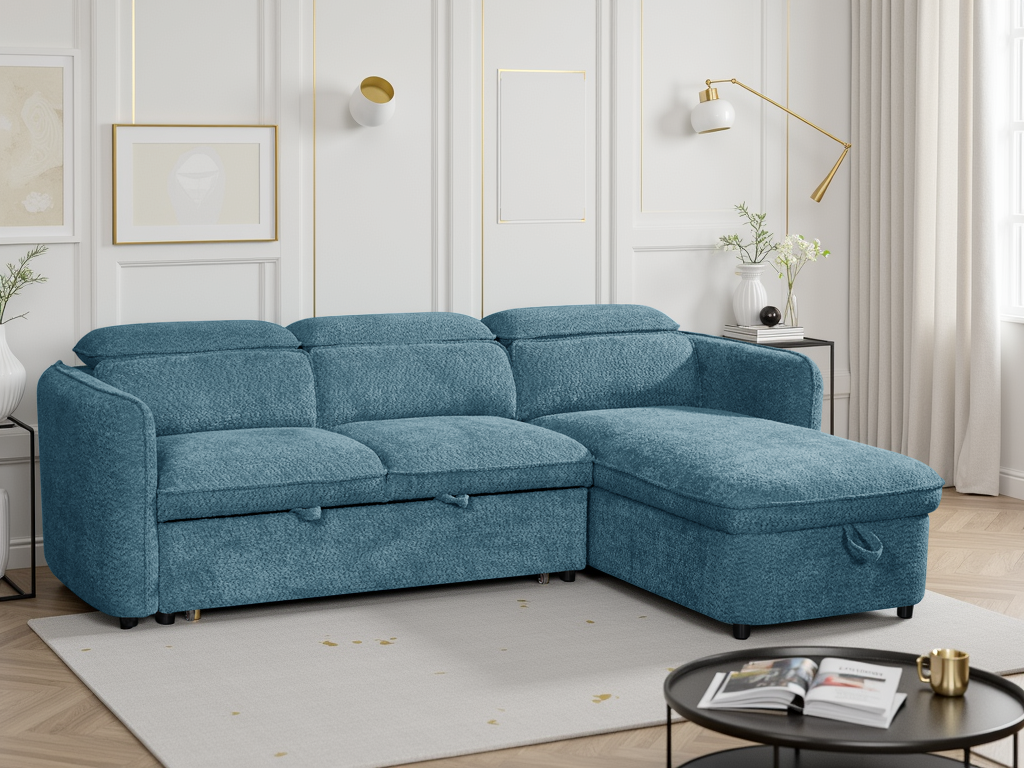 ELVAREN Fabric 3 Seater L Shaped Corner Sofa Bed - Blue, Universal Facing - Sofa So Good