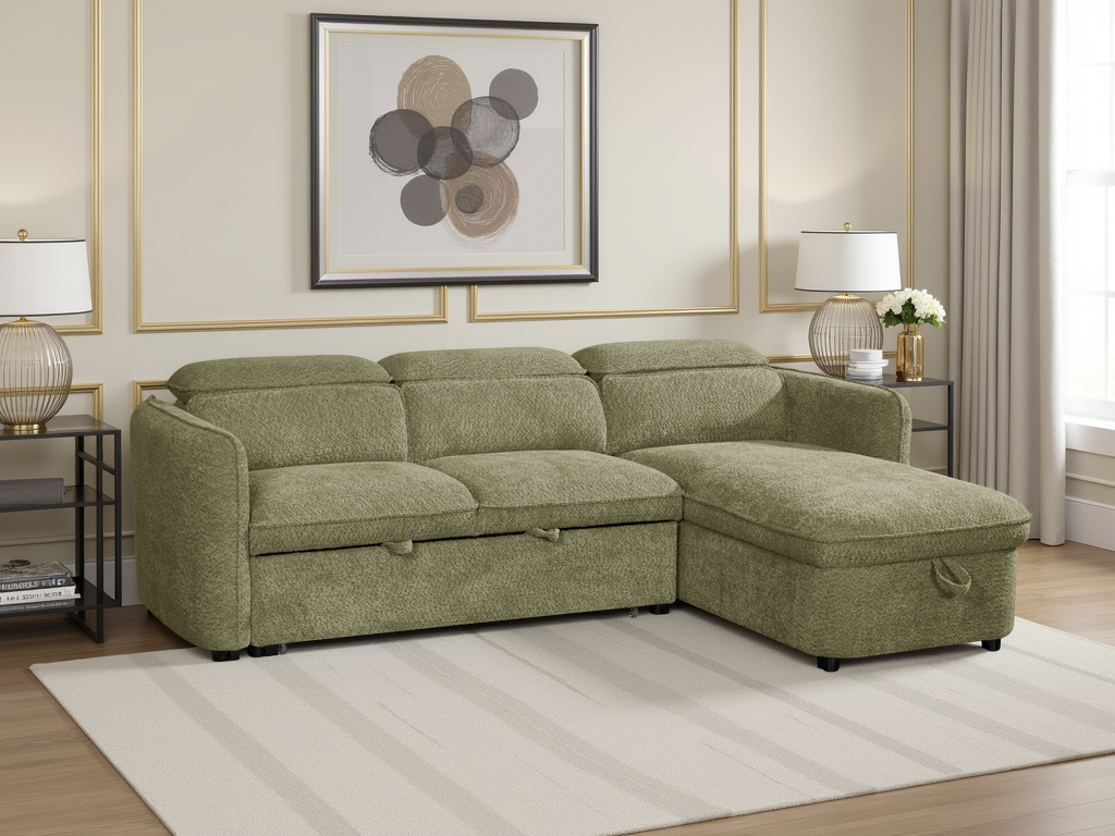 ELVAREN Fabric 3 Seater L Shaped Corner Sofa Bed - Green, Universal Facing - Sofa So Good