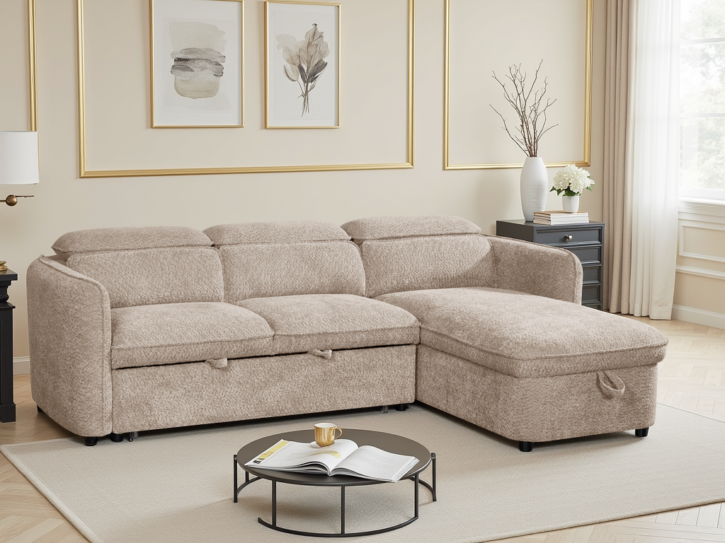 ELVAREN Fabric 3 Seater L Shaped Corner Sofa Bed - Beige, Universal Facing - Sofa So Good