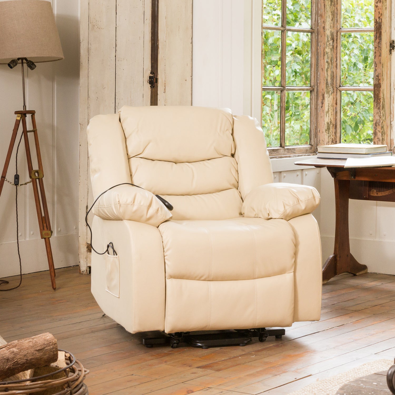 Armchair - REGALUXE Riser Leather Recliner Electric Lift Assist Heated Massage Chair - Cream - Archie Homes