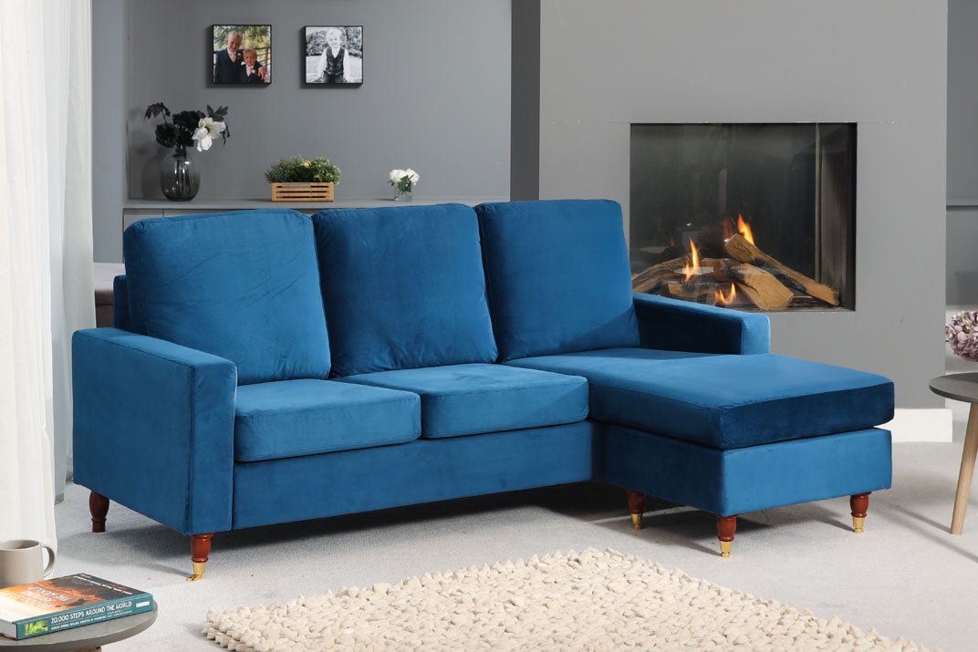 ORNOVA Velvet 3 Seater Reversible Corner Sofa- Blue - Artemis Home