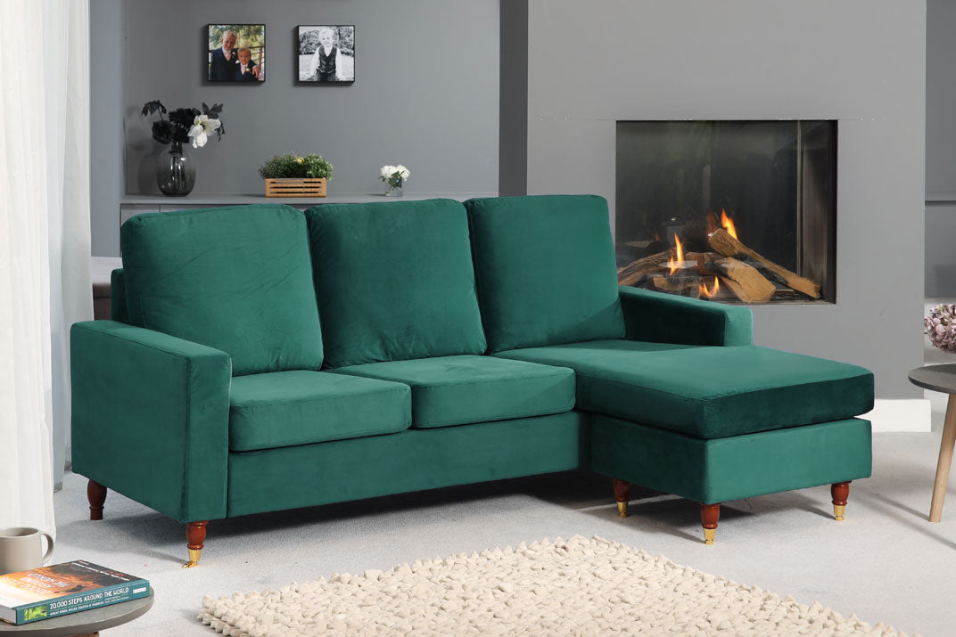 ORNOVA Velvet 3 Seater Reversible Corner Sofa- Green - Artemis Home