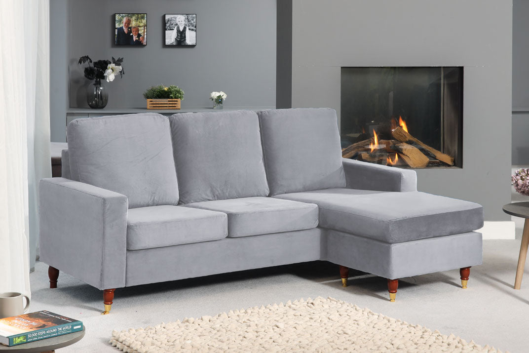ORNOVA Velvet 3 Seater Reversible Corner Sofa- Grey - Artemis Home