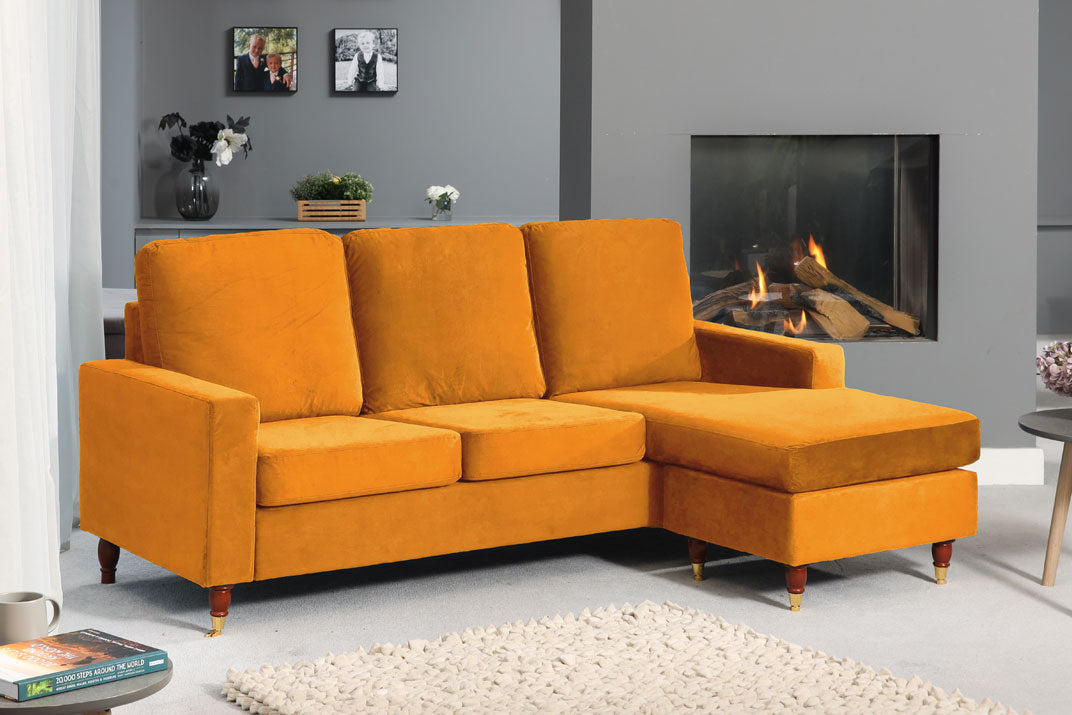 ORNOVA Velvet 3 Seater Reversible Corner Sofa- Orange - Artemis Home
