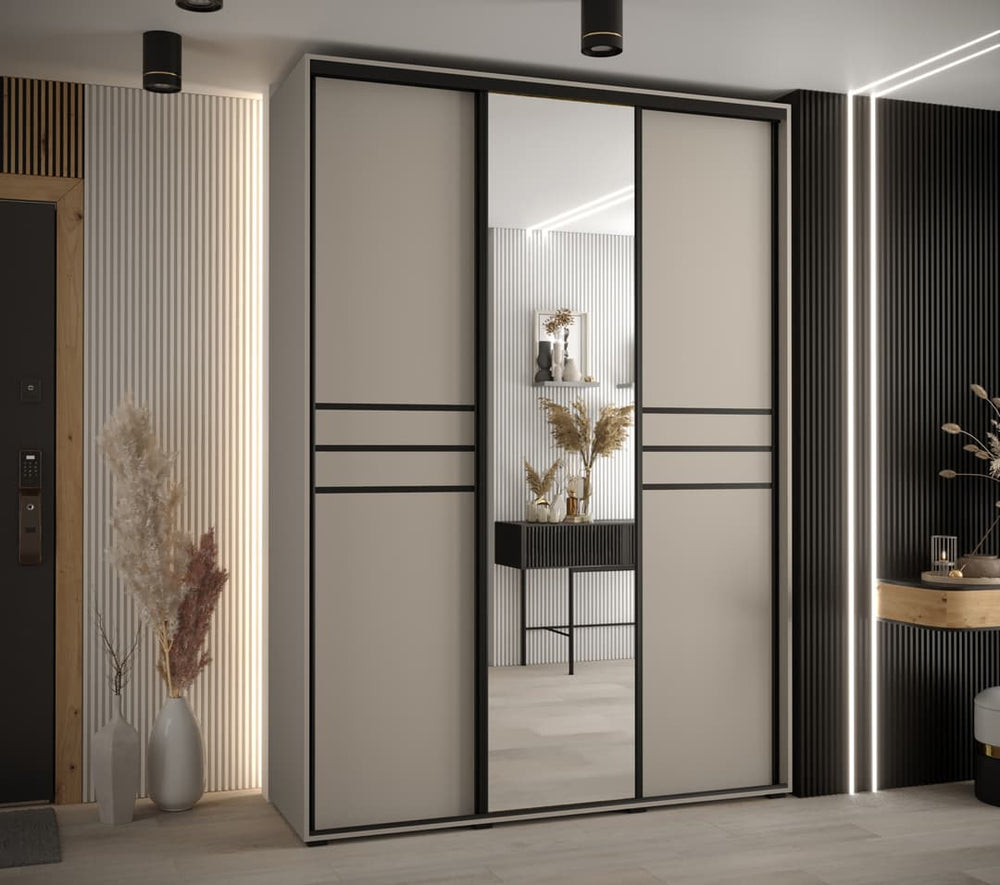 Sliding Wardrobe - NELSON 3 Door Mirrored Wardrobe Beige 170cm - Art Nest