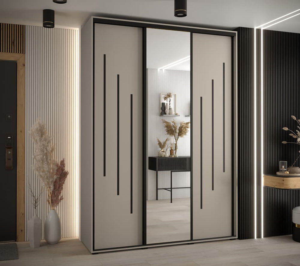 Sliding Wardrobe - NELSON 3 Door Mirrored Wardrobe Beige 170cm - Art Nest