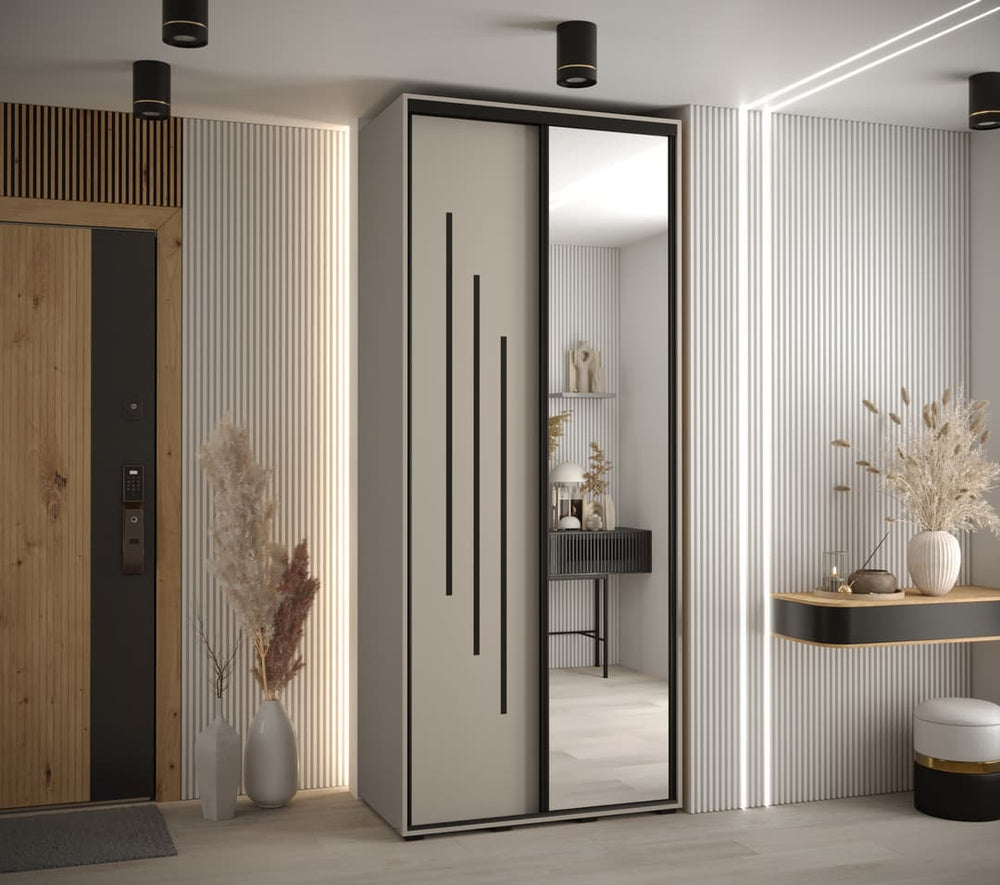 Sliding Wardrobe - NELSON 2 Door Mirrored Wardrobe Beige 120cm - Art Nest
