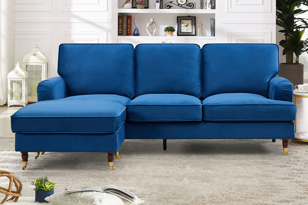 VELARO Velvet 3 Seater Reversible Corner Sofa - Blue - Artemis Home