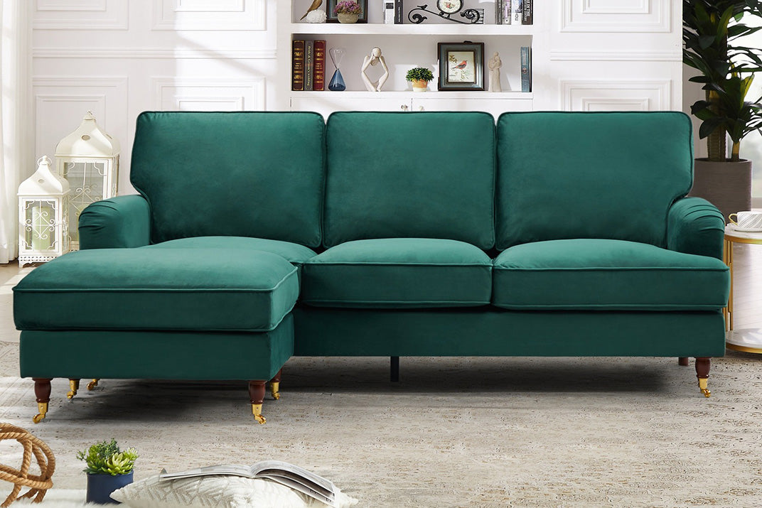 VELARO Velvet 3 Seater Reversible Corner Sofa - Green - Artemis Home