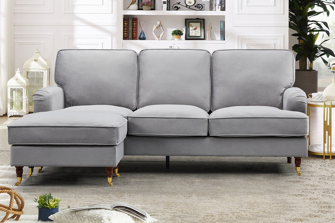 VELARO Velvet 3 Seater Reversible Corner Sofa - Grey - Artemis Home