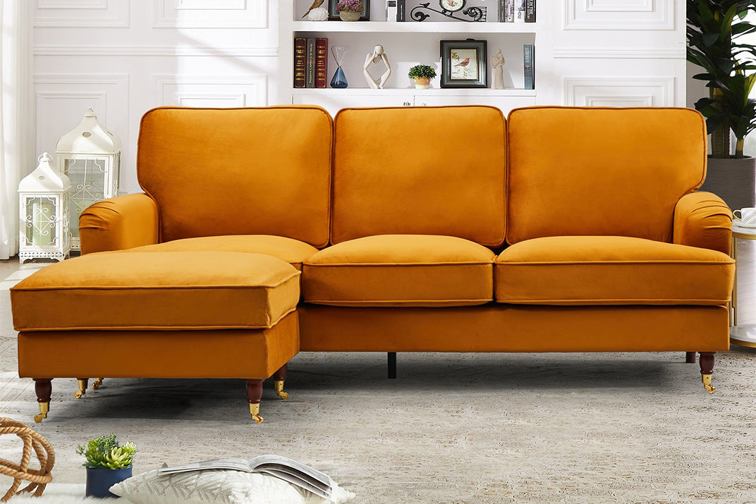 VELARO Velvet 3 Seater Reversible Corner Sofa - Orange - Artemis Home