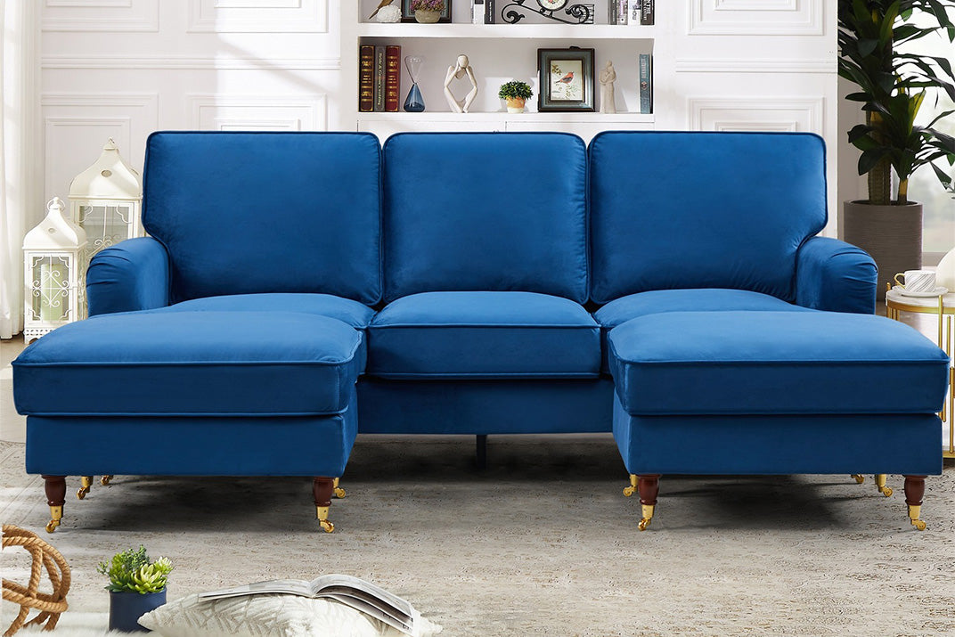 VELARO Velvet 5 Seater U-Shaped Corner Sofa- Blue - Artemis Home