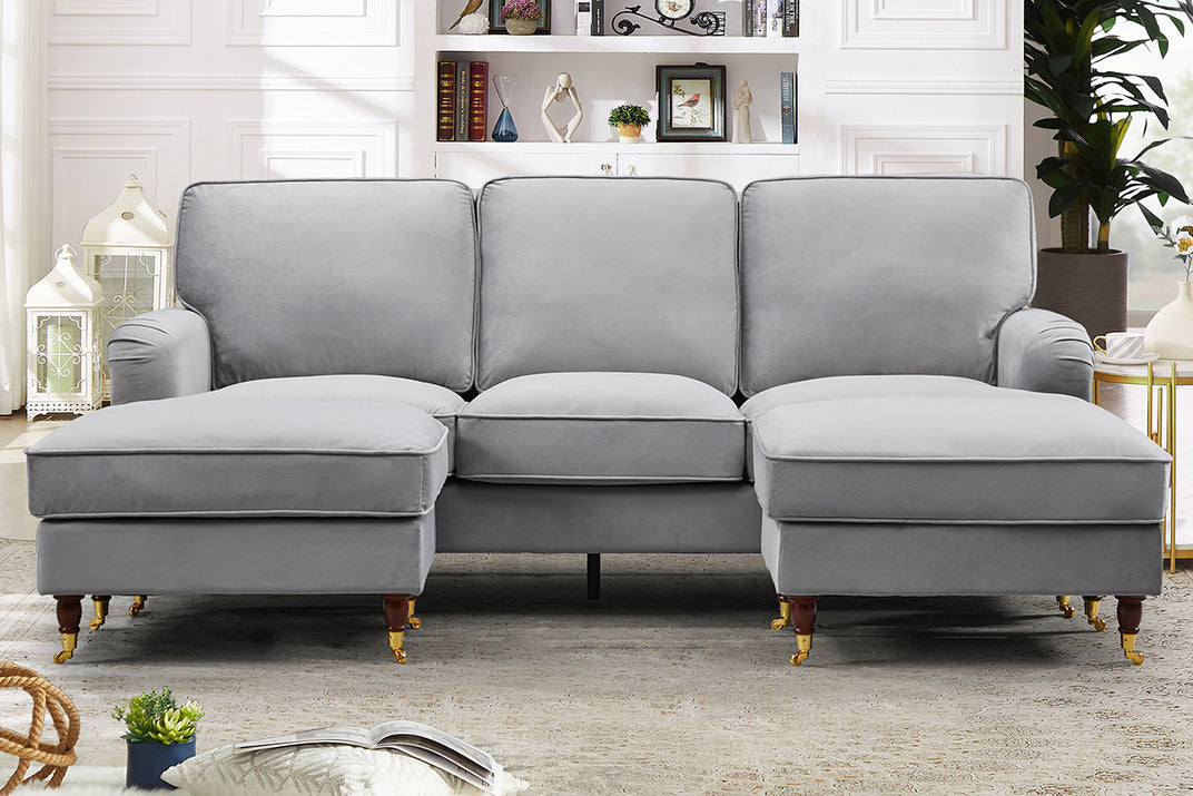 VELARO Velvet 5 Seater U-Shaped Corner Sofa- Grey - Artemis Home