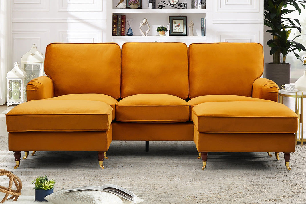 VELARO Velvet 5 Seater U-Shaped Corner Sofa- Orange - Artemis Home