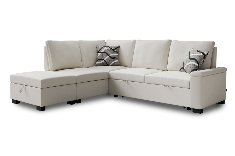 THORNWICK Fabric 4 Seater L Shaped Corner Sofabed - Cream, Left Hand Facing - Avellino & Wells