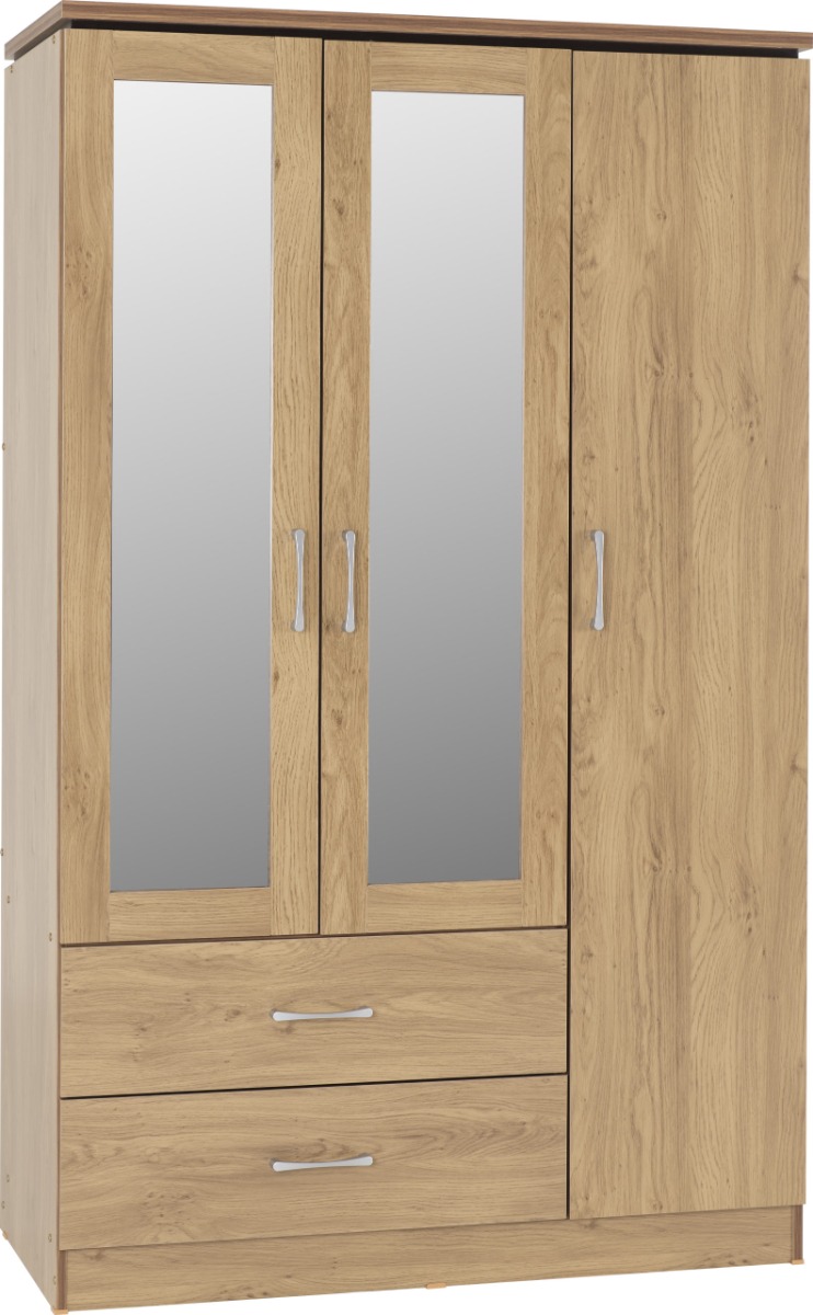 Wardrobe - CREMONA I 3 Door Mirrored Wardrobe Oak Effect Veneer with Walnut Trim 116cm - Budget Deals