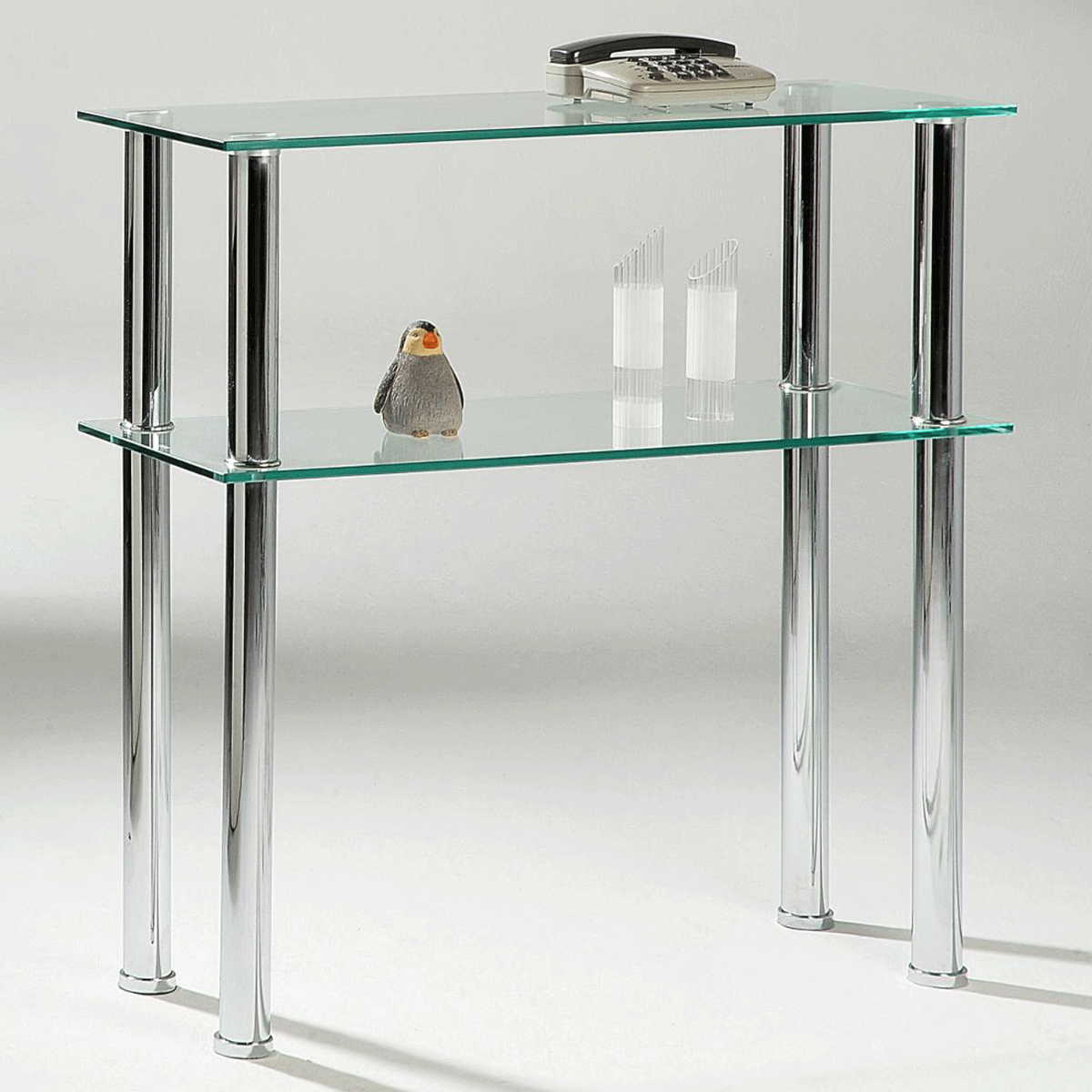 Beverley Tall Stainless Steel Stand Clear Glass Top Hall Unit - 2 Tier Shelves - Sigrid Mills