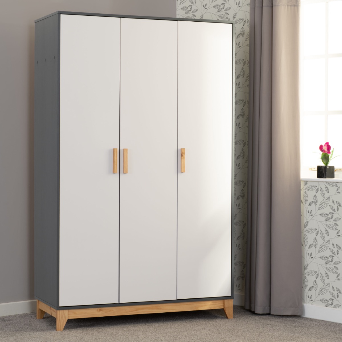 Wardrobe - CHATHAM 3 Door Wardrobe White Grey Metal Effect 118cm - Budget Deals