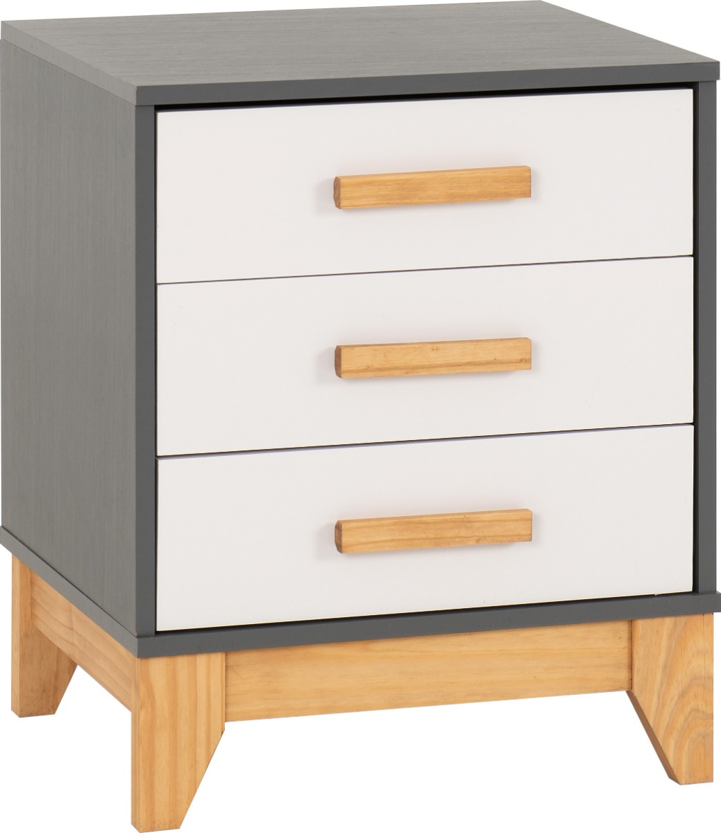 Cleveland 3 Drawer Bedside - White Grey Metal Effect - Budget Deals