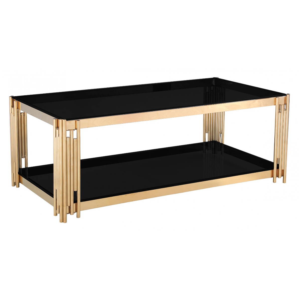 Corfe Contemporary Black Glass Coffee Table with Gold Finish - Sigrid Mills