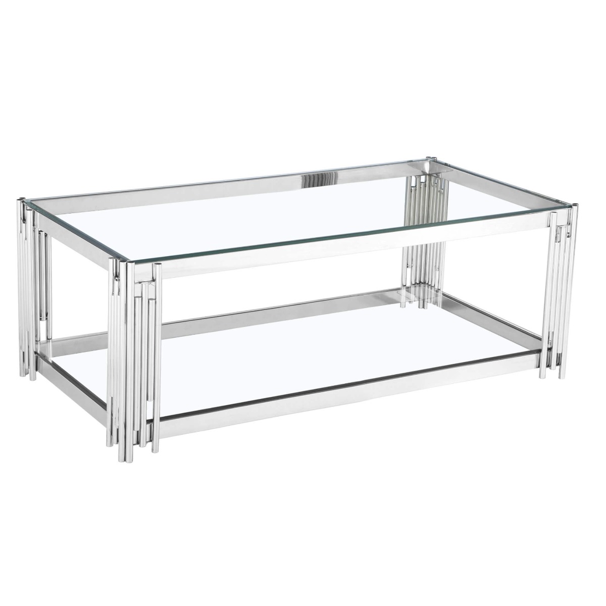 Corfe Contemporary Clear Glass Coffee Table with Silver Frame - Sigrid Mills