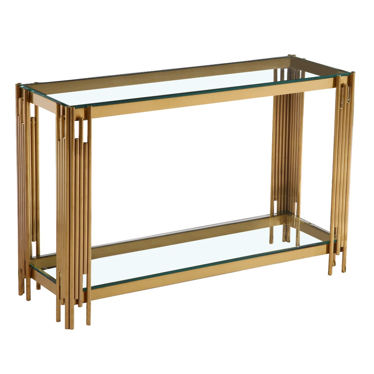 Corfe Gold Finish Frame Console Table with Clear Glass Top - Sigrid Mills