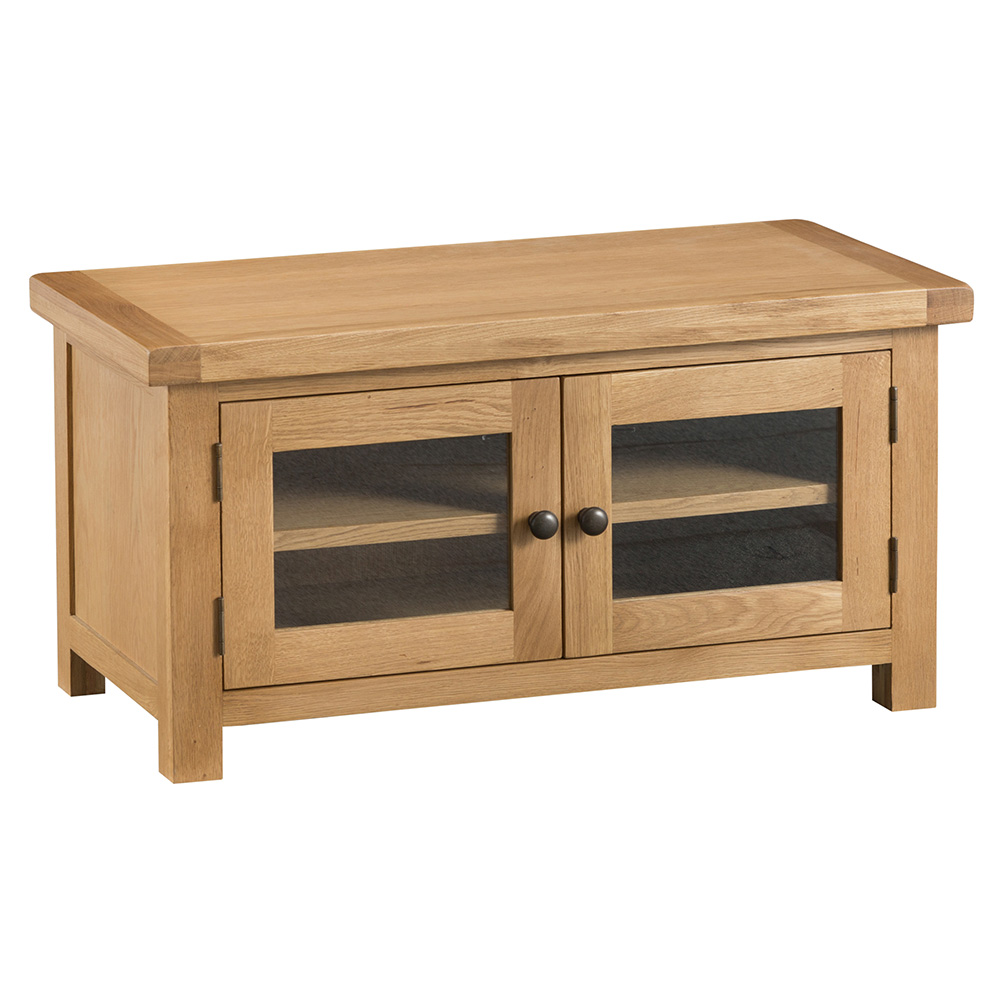 Classic Standard TV Unit with Glass Doors - Medium Oak Finish - Kettle Homes