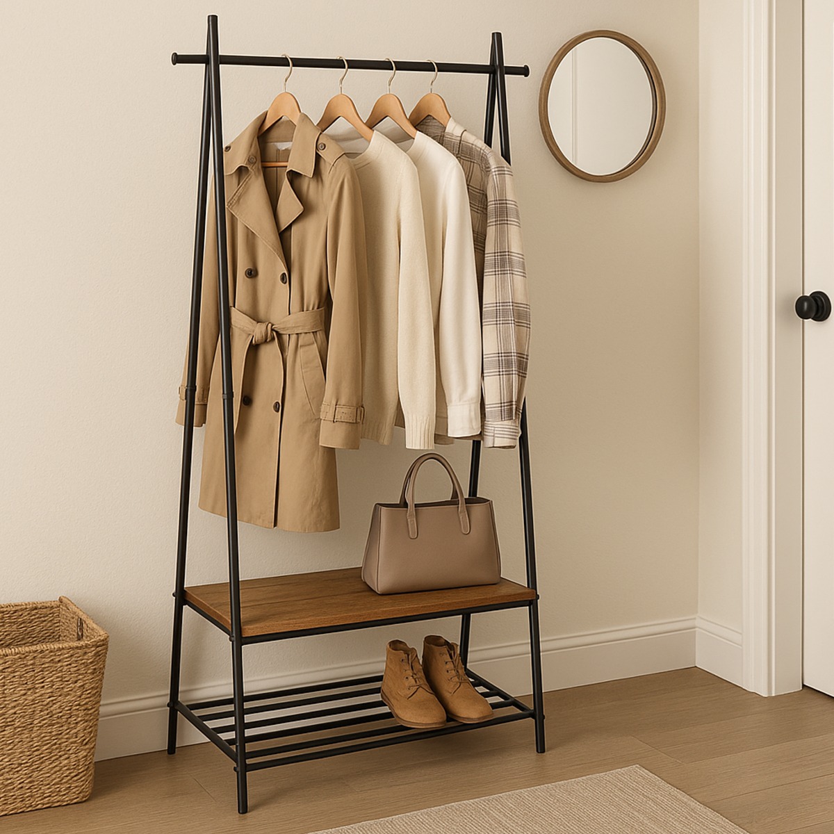LUMINEX Coat Rack Freestanding Clothes Stand with Shoe Storage and Hat Hooks - Rustic Brown and Black - The Urban Forge