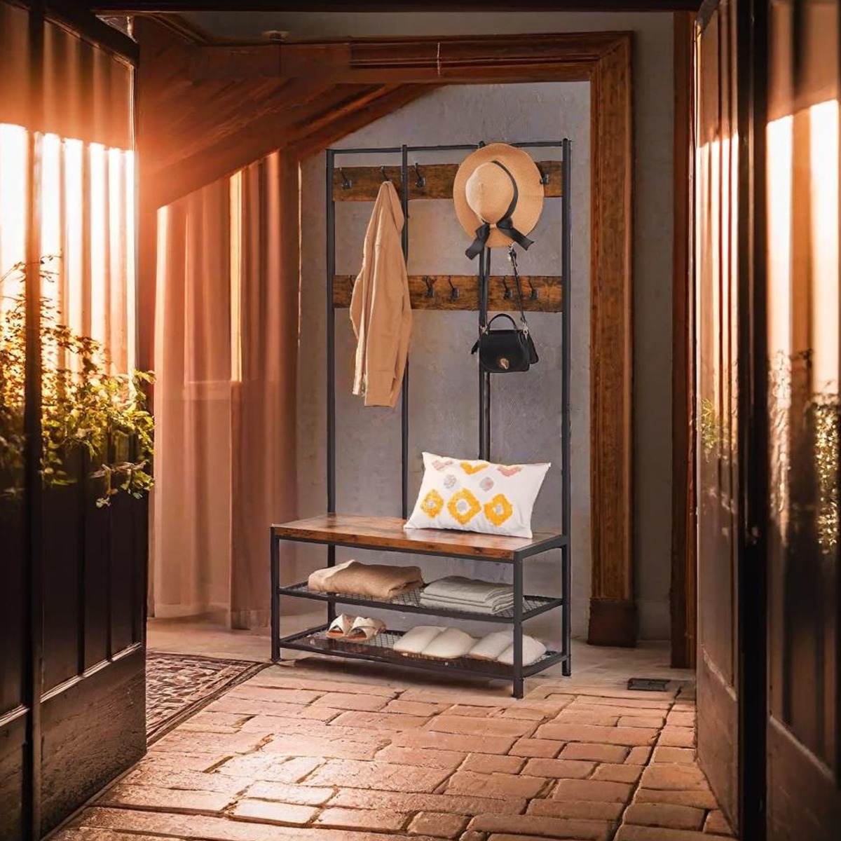 MORVANE Coat Rack Entryway Stand with 12 Hooks and Bench - Rustic Brown and Black - The Urban Forge