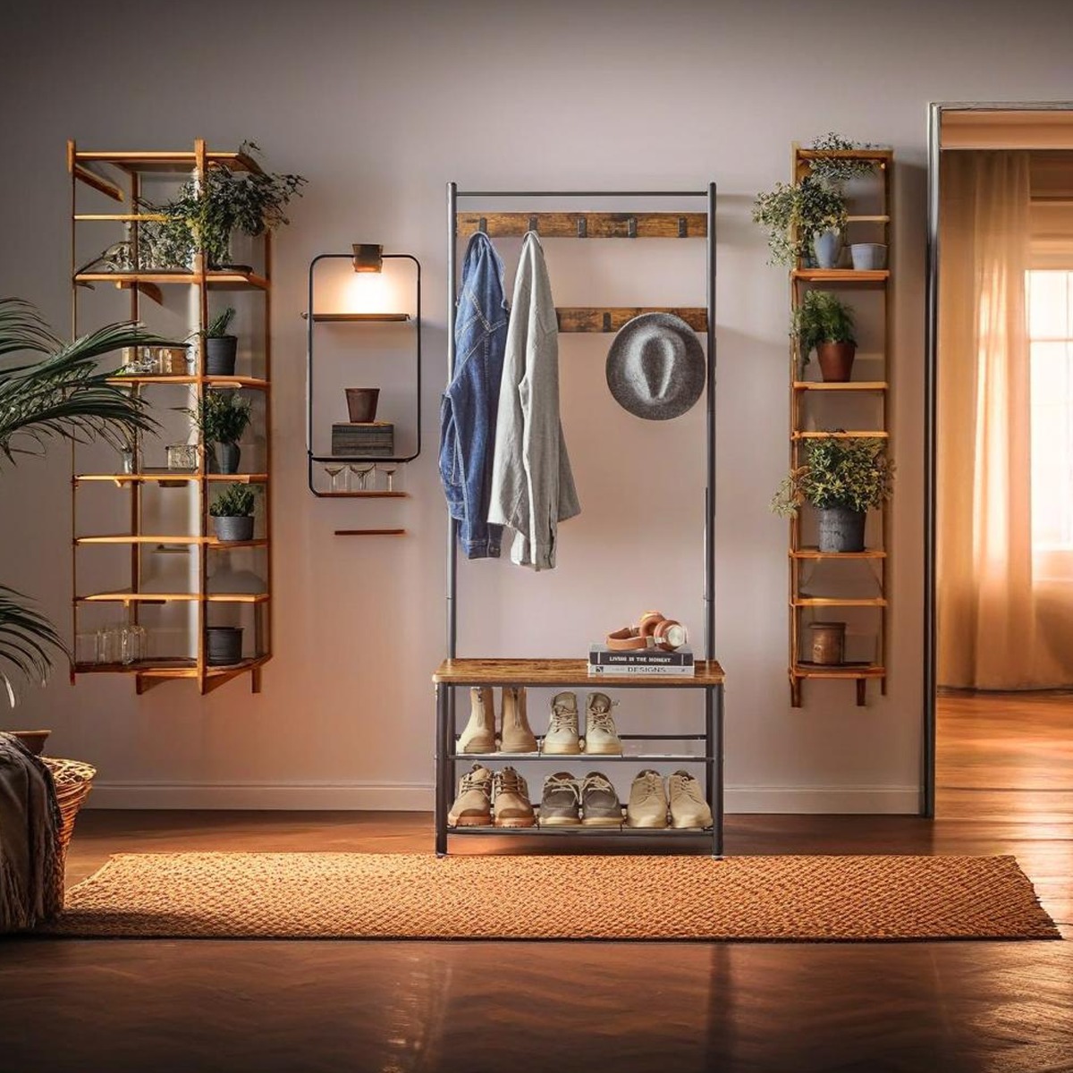 MORVANE Coat Stand 3-in-1 Hallway Rack with Shoe Storage Bench - Rustic Brown and Black - The Urban Forge