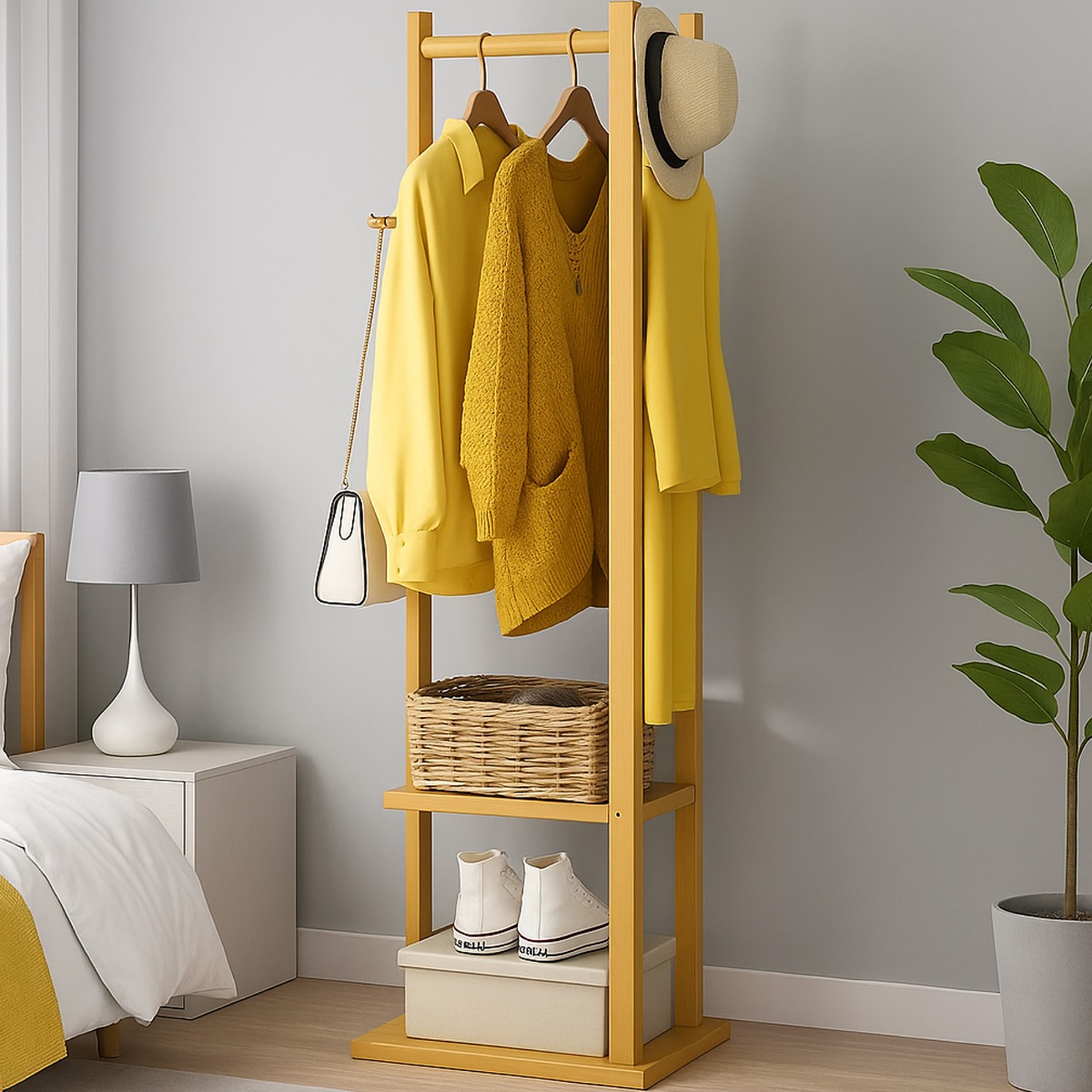 TRIVANTE Coat Stand Bamboo Garment Stand with Shelf and Hanging Rail - Natural - The Urban Forge